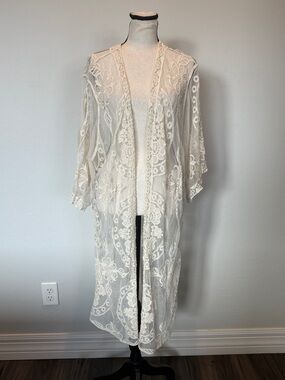 Boho Lace Kimono Cardigan XXL-XXXL Cream Sheer Embroidered Duster Open Front